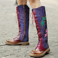 Purple & Burgundy Patchwork Lace-Up Leather Cowboy Boot