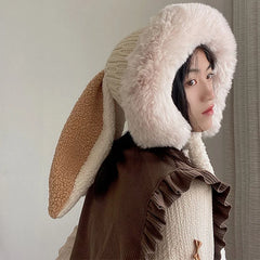 Winter Plush Knitted Beanie Hat Rabbit Ear Hats for Girls