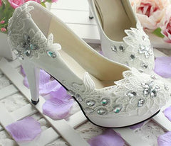 Wedding Bridal White High Heels Lace Rhinestone Pumps Shoes