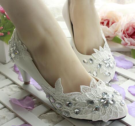 Wedding Bridal White High Heels Lace Rhinestone Pumps Shoes