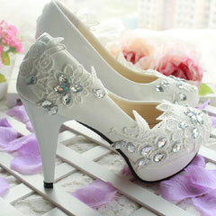 Wedding Bridal White High Heels Lace Rhinestone Pumps Shoes