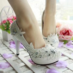 Wedding Bridal White High Heels Lace Rhinestone Pumps Shoes