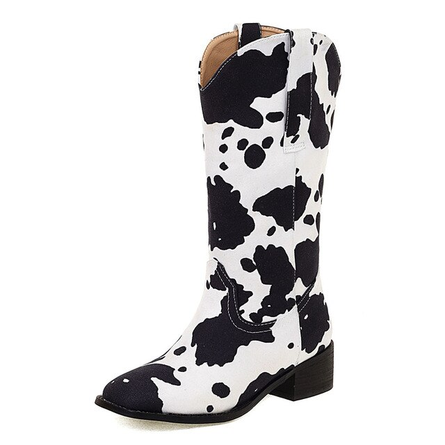 Mid Calf Cowboy Boots Chunky Heel Half Boots Cow Print Western Boots