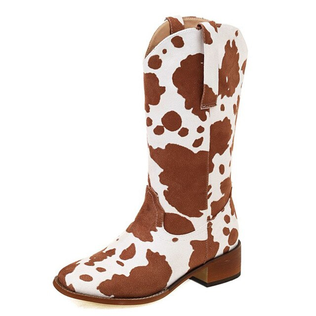 Mid Calf Cowboy Boots Chunky Heel Half Boots Cow Print Western Boots