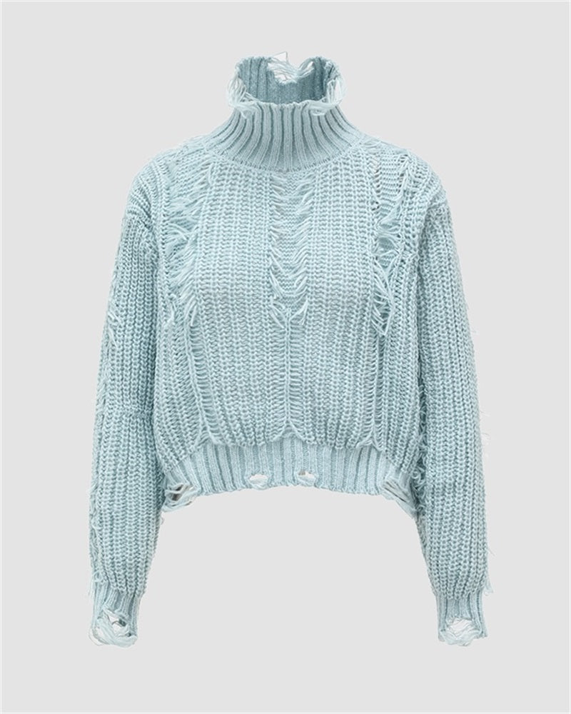 Tassel Pierced High Neck Pullover Sweater