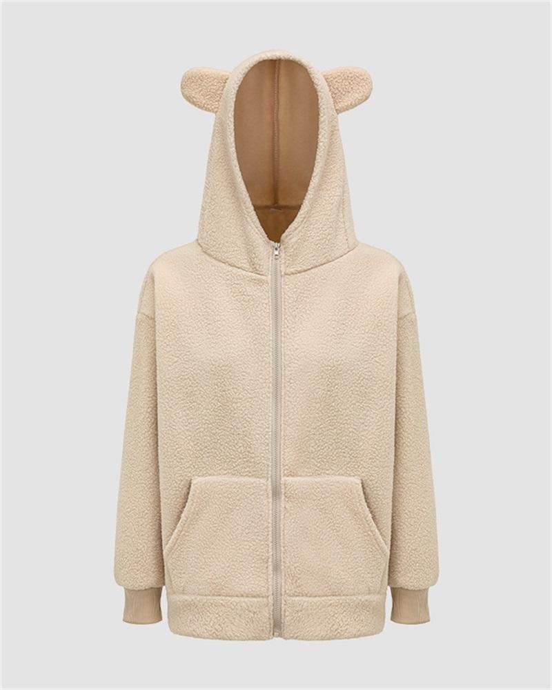 Bear Ear Fuzzy Zip Up Hooded Jacket