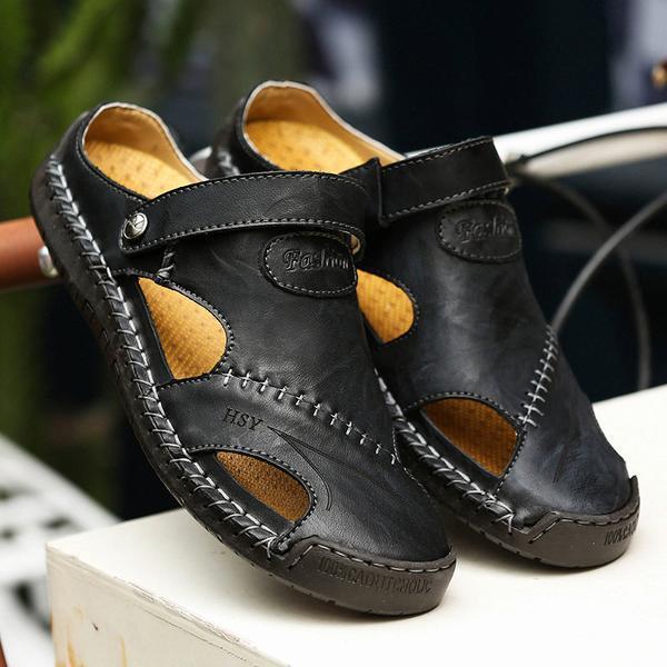 Men Hand Stitching Soft Outdoor Closed Toe Leather Casual Sandals