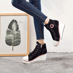 Wedge Chunky Heel Casual Zipper Lace-up Canvas Shoes