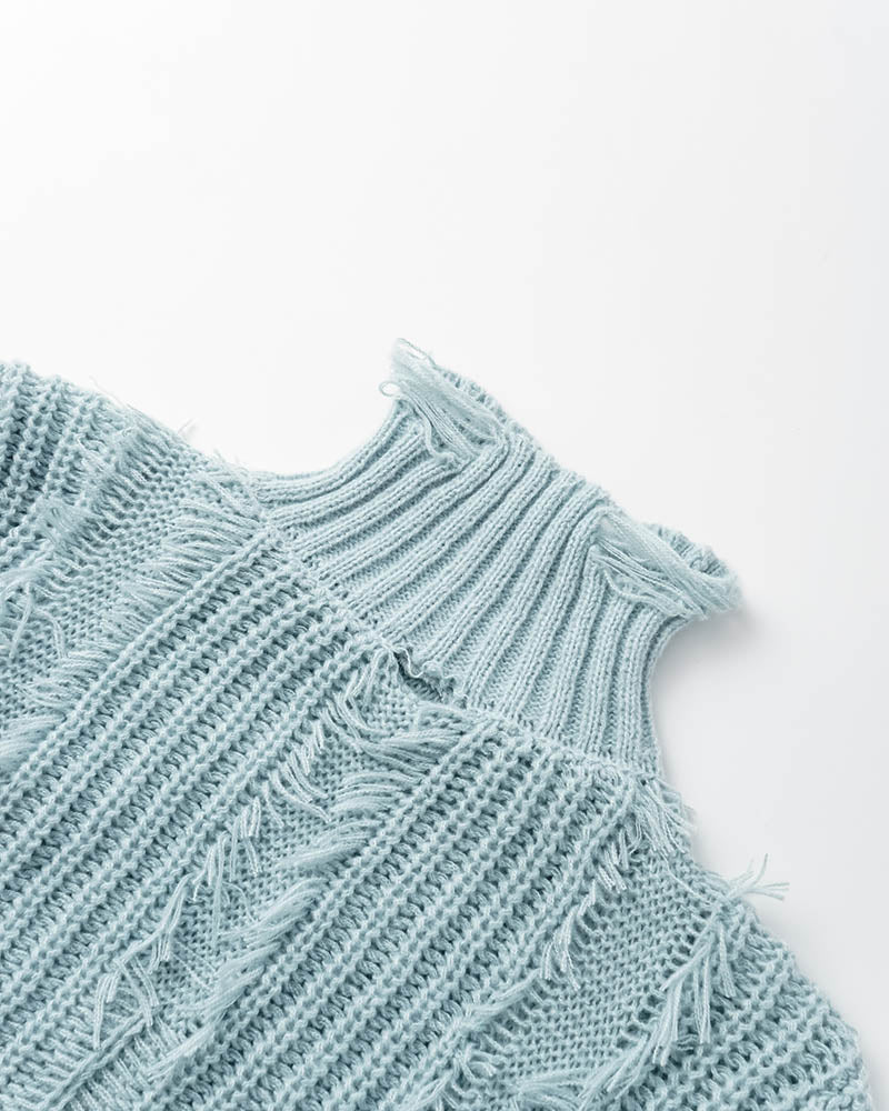 Tassel Pierced High Neck Pullover Sweater