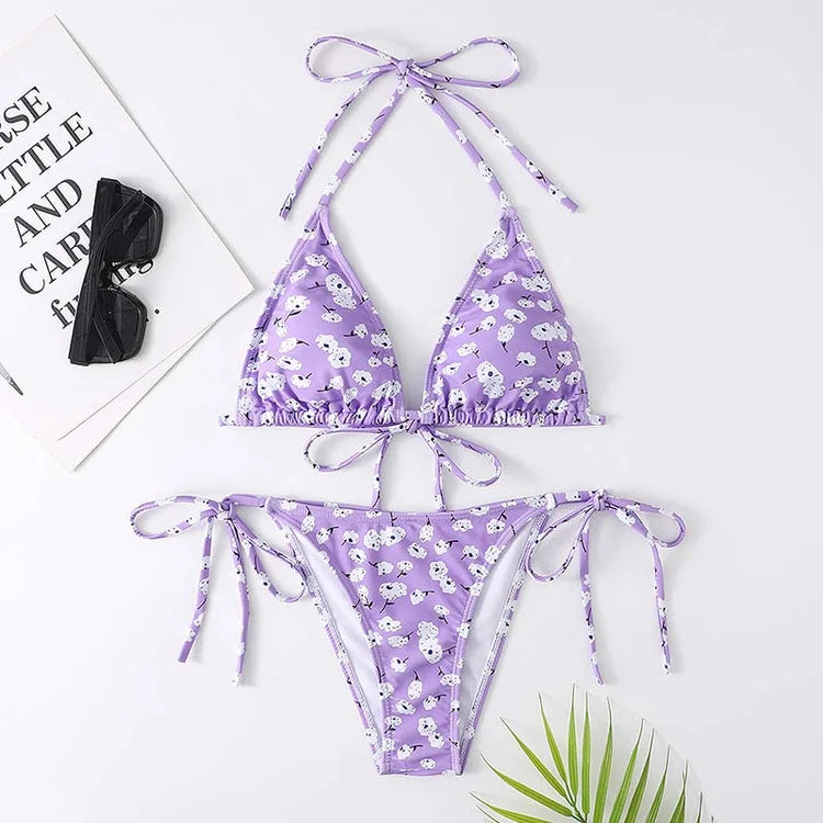 Cute Lace Up Floral Print Bikini Two Pieces Swimsuit