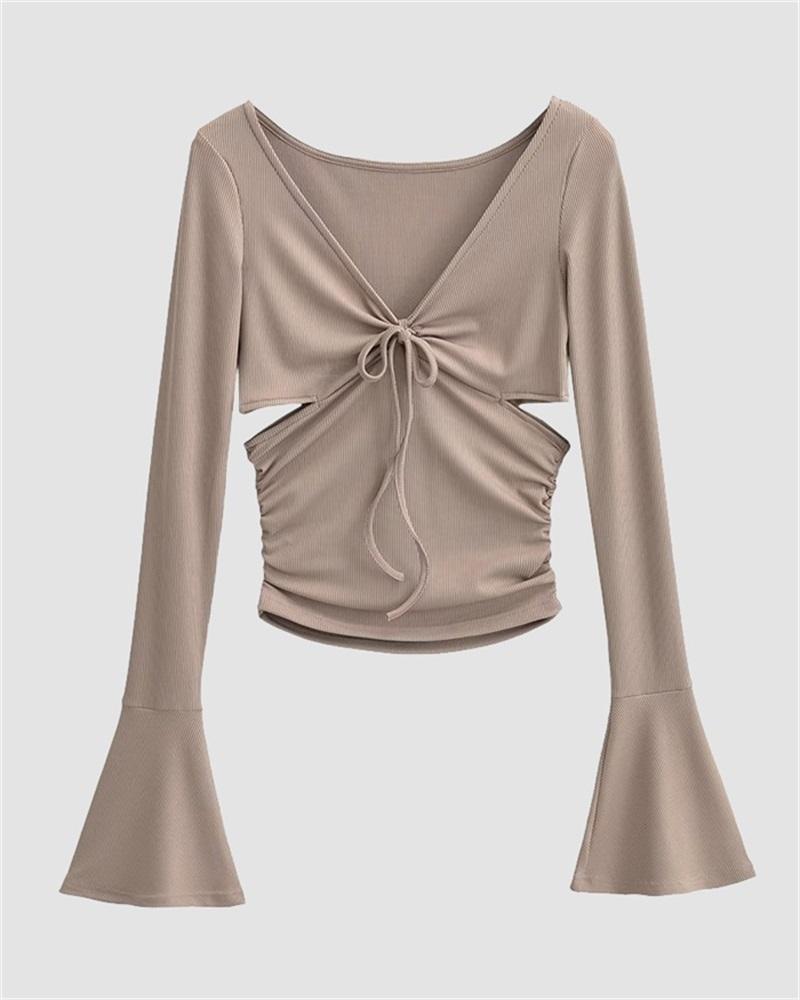 Bell Sleeve Hollow Slim Fit T-Shirt