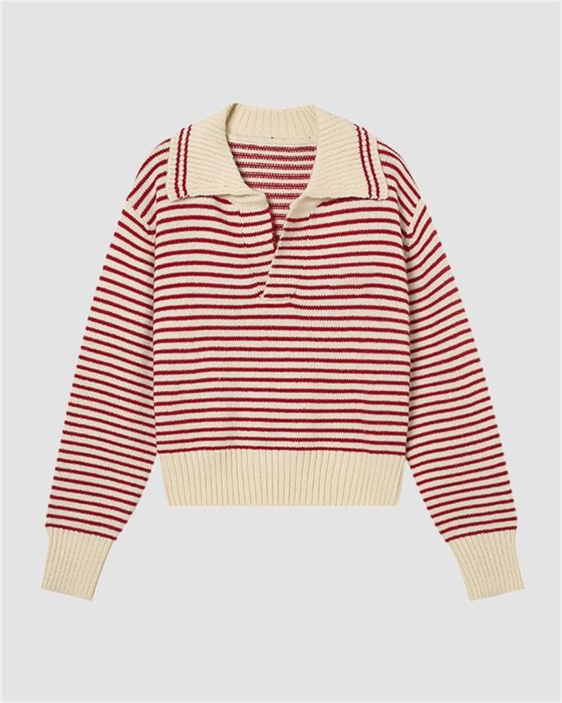 Retro Polo Collar Striped Sweater
