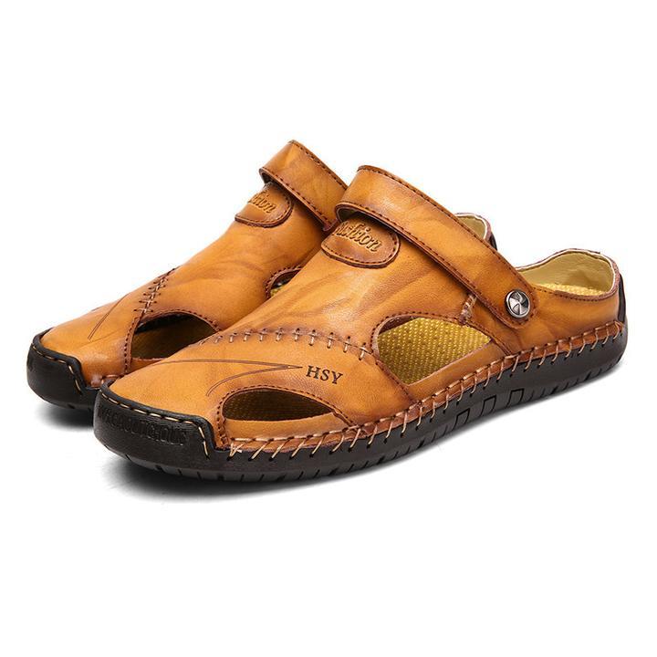 Men Hand Stitching Soft Outdoor Closed Toe Leather Casual Sandals