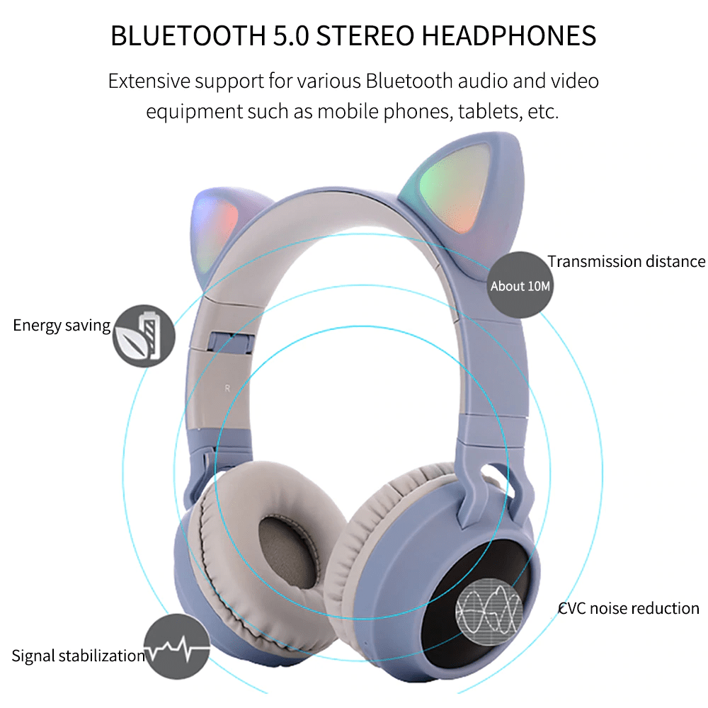 Cat Ears Bluetooth Headphones with LED Lights