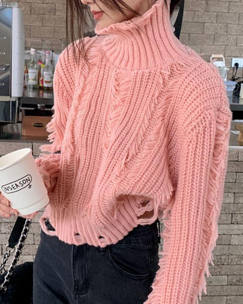 Tassel Pierced High Neck Pullover Sweater
