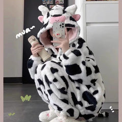 Cute Cow Print Winter Fleece Pajamas Loungewear Set