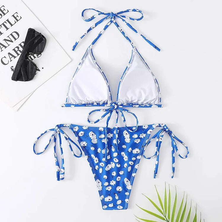 Cute Lace Up Floral Print Bikini Two Pieces Swimsuit