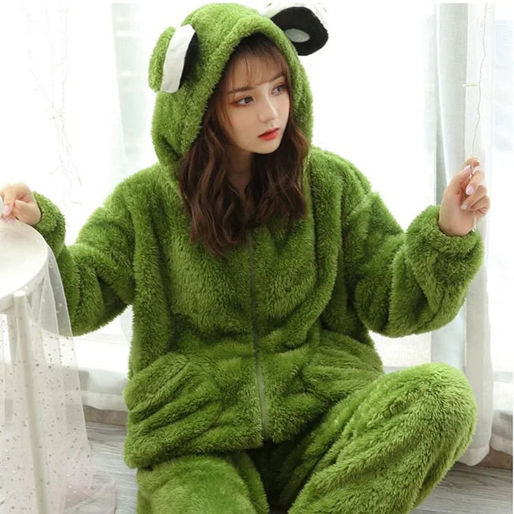 Cute Little Frog Coral Fleece Hooded Pajamas for Girls