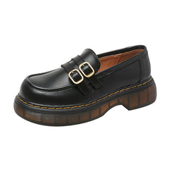 Retro Round Head Metal Buckle Leather Flat JK Loafers