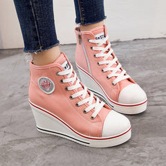 Wedge Chunky Heel Casual Zipper Lace-up Canvas Shoes