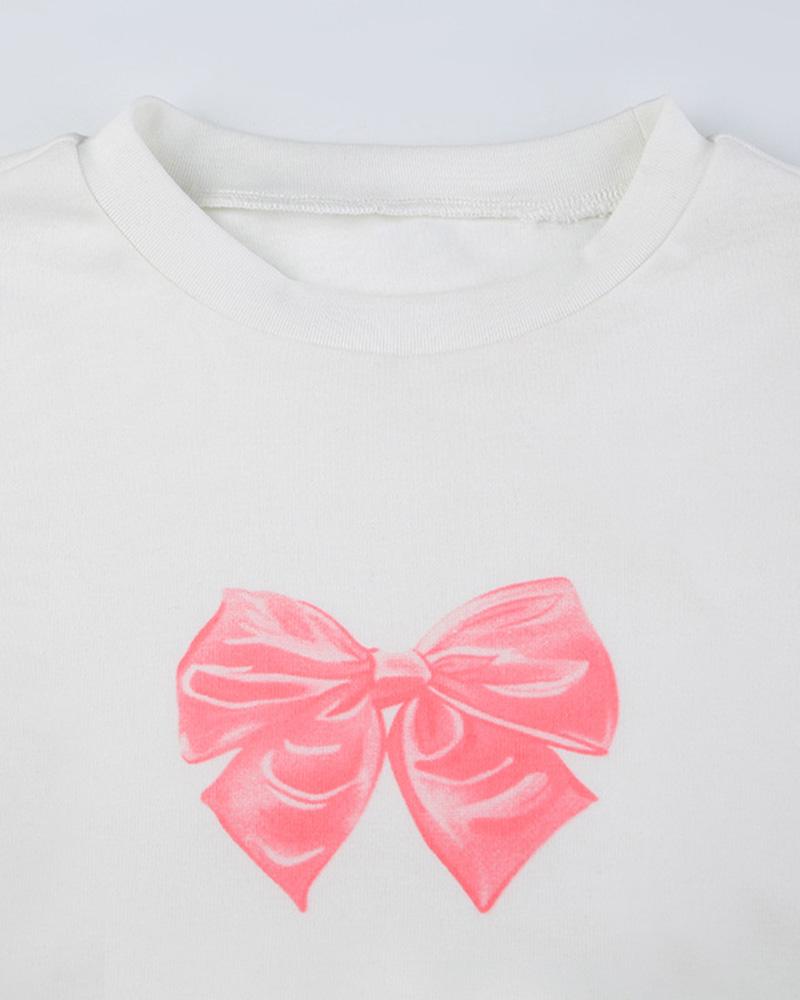Bow Print Round Neck Long Sleeved T-shirt