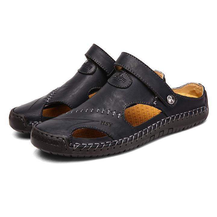 Men Hand Stitching Soft Outdoor Closed Toe Leather Casual Sandals