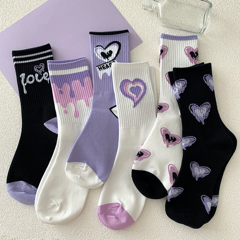 7 Pairs Purple Love Socks Fried Street Mid-tube Socks