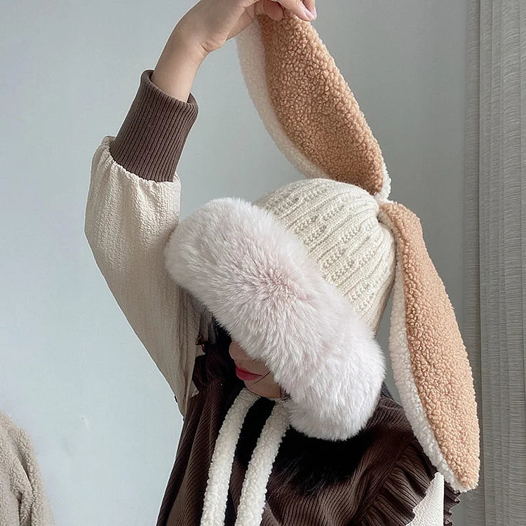 Winter Plush Knitted Beanie Hat Rabbit Ear Hats for Girls