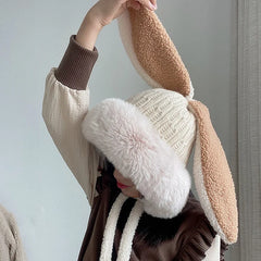 Winter Plush Knitted Beanie Hat Rabbit Ear Hats for Girls
