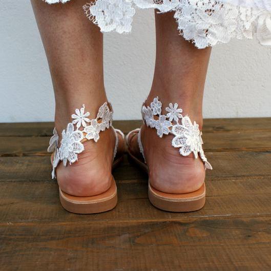 Bride Floral Strappy Flat White Wedding Sandals