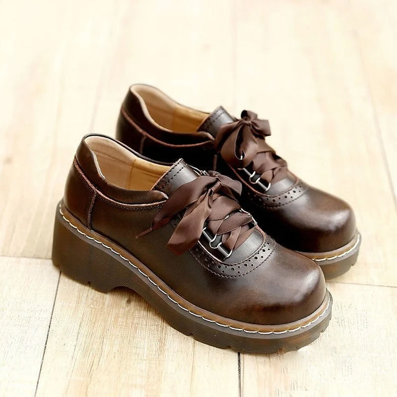 Round Toe Retro Ribbon Lace Up Oxford Shoes