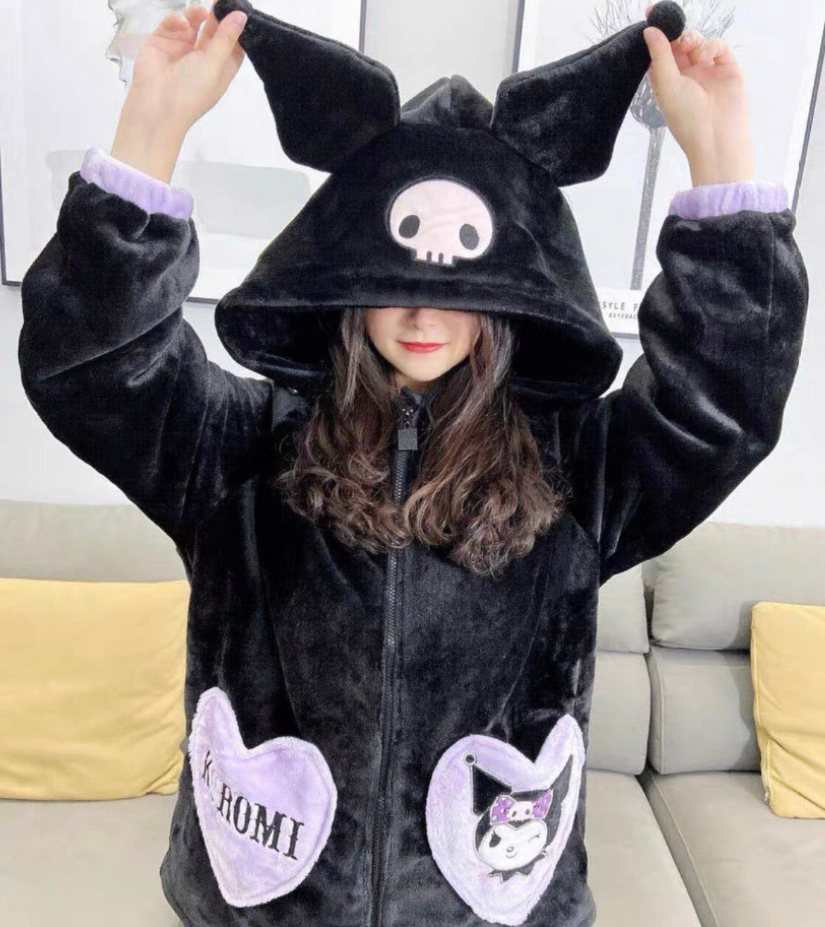 Cute Kuromi Fleece Winter Pajamas Sets