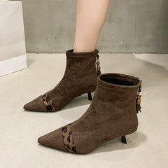 Pointed-Toe Leopard Print Stiletto Boots