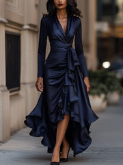 V-Neck Belted Leaf-Edge Dress