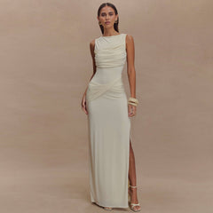 Round-Neck Pleated Halter Dress