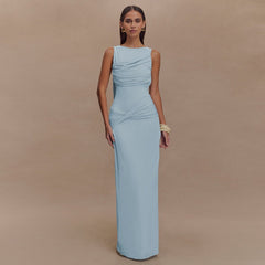 Round-Neck Pleated Halter Dress