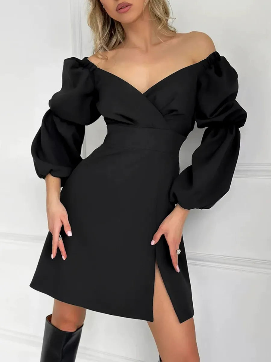 V-Neck Lantern Sleeve Dress