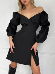 V-Neck Lantern Sleeve Dress