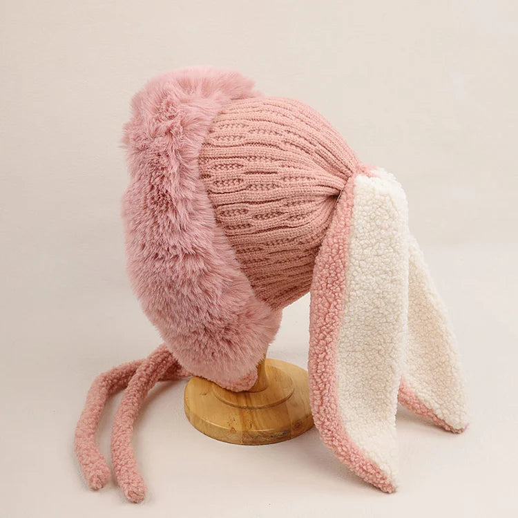 Winter Plush Knitted Beanie Hat Rabbit Ear Hats for Girls