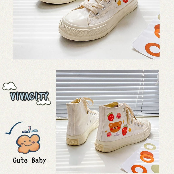 Kawaii Cartoon Bear Print High Top Canvas Shoes