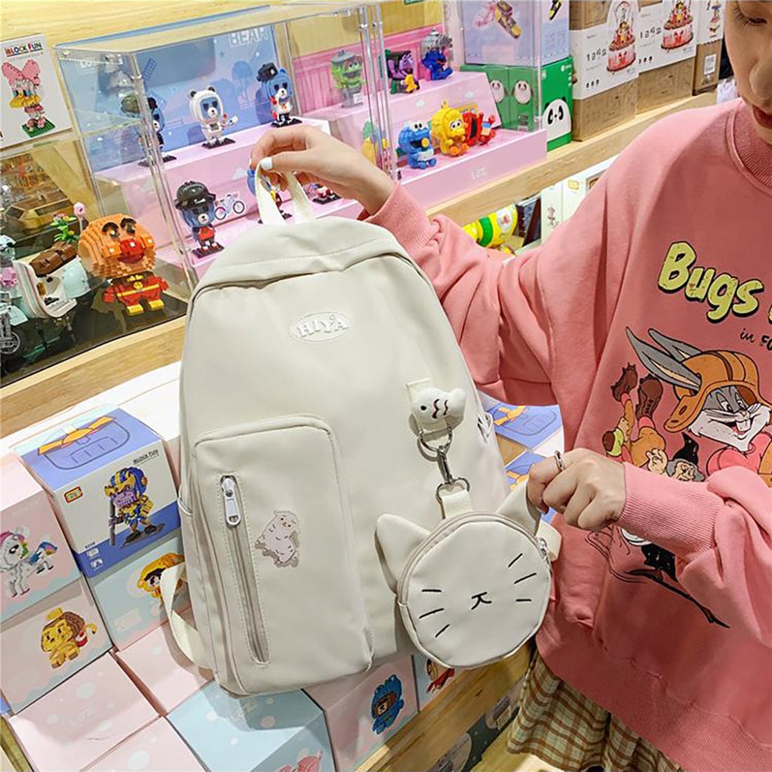 Kawaii Cat High Capacity Backpack With Purse