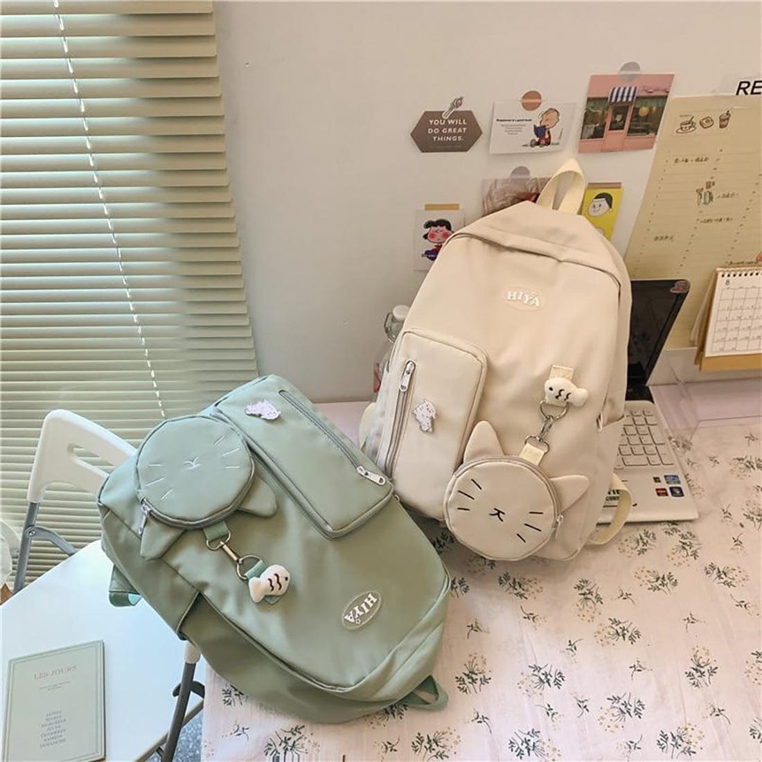 Kawaii Cat High Capacity Backpack With Purse