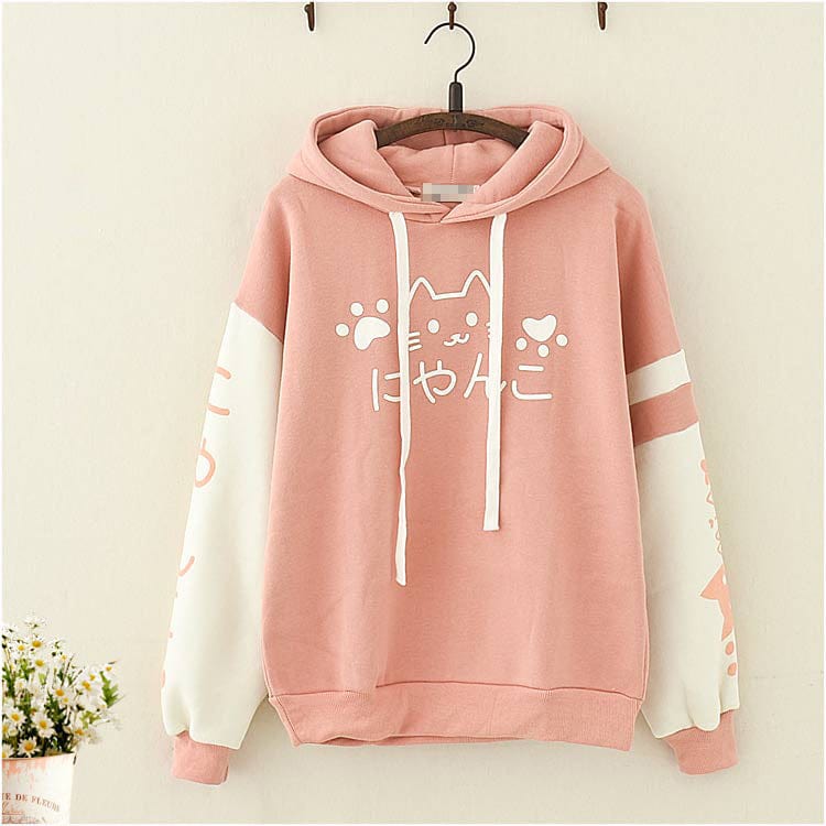 Kawaii Hoodie Cute Cat Meow Girl Long Sleeve Japanese Sweatshirt Pullover