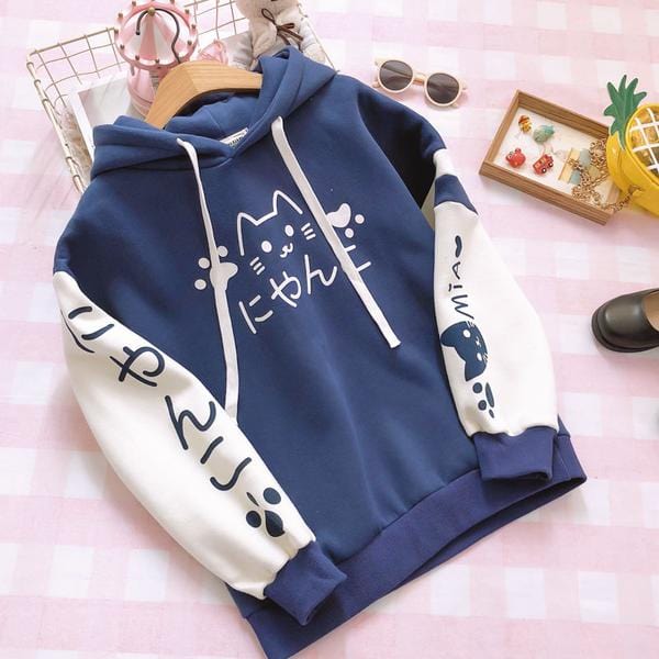 Kawaii Hoodie Cute Cat Meow Girl Long Sleeve Japanese Sweatshirt Pullover