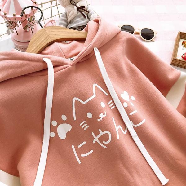 Kawaii Hoodie Cute Cat Meow Girl Long Sleeve Japanese Sweatshirt Pullover