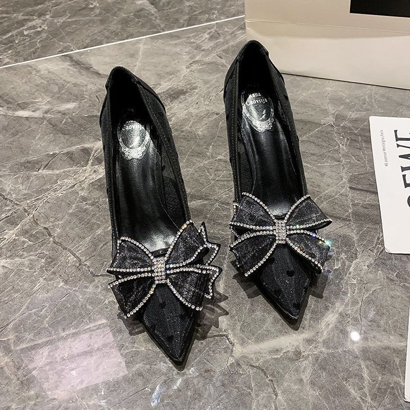 Mesh Pointed Toe Rhinestone Bowknot Pumps