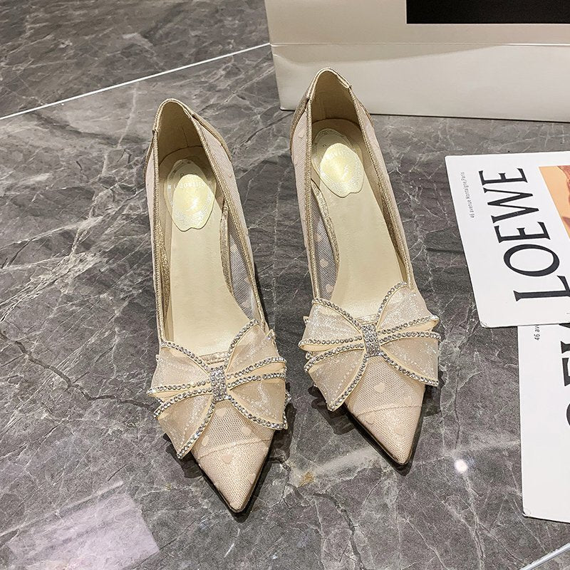 Mesh Pointed Toe Rhinestone Bowknot Pumps