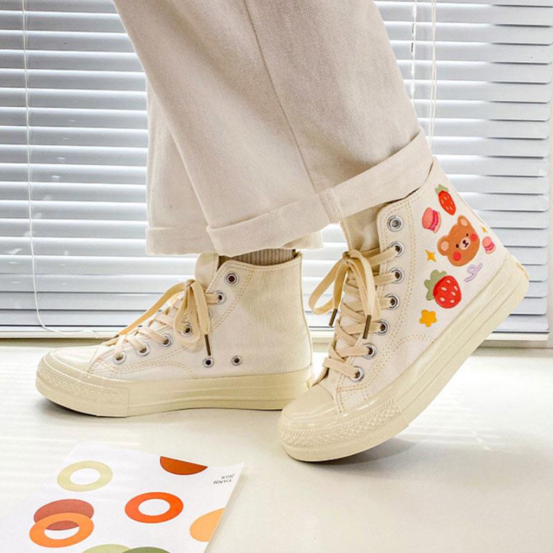 Kawaii Cartoon Bear Print High Top Canvas Shoes