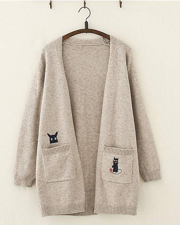 Kawaii Cat And Mouse Embroidery Loose Cardigan Sweater