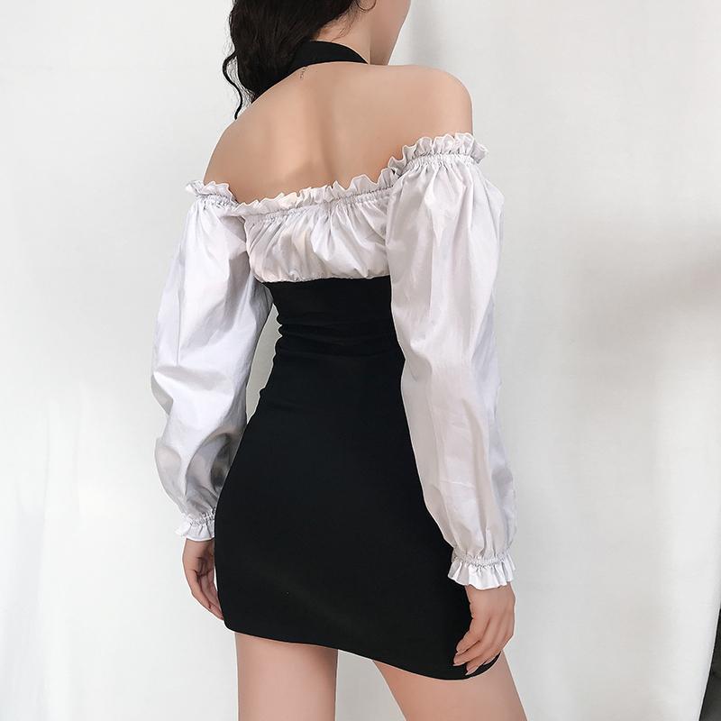 Alt style Off The Shoulder Ruffle Fake Two-Piece Short Dress